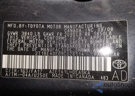 2009 Toyota Corolla Xrs из США, поврежденный, VIN 2T1BE40E09C026114